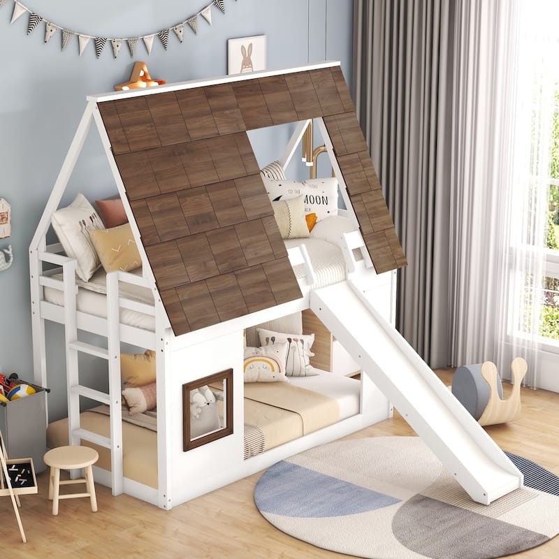 Wood Twin Size House Bunk Bed with Roof, Ladder and Slide, White+Brown