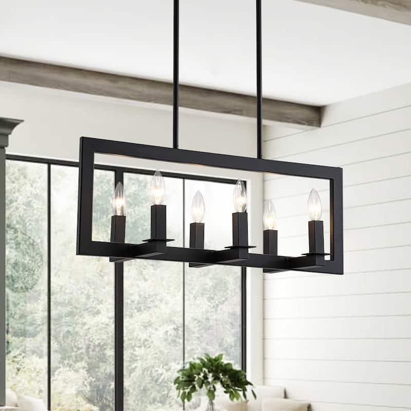 Modern Farmhouse 6-Light Black Rectangle Island Pendant Textured Glass - Metal Frame Only