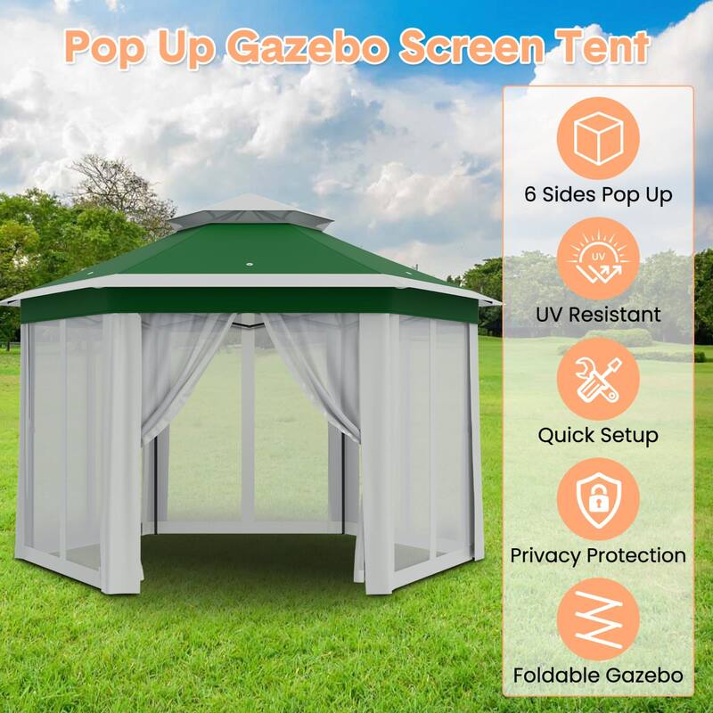 Pop Up Gazebo, Hexagonal Canopy Shelter with 6 Zippered Mesh Netting, Event Tent with Strong Steel Frame