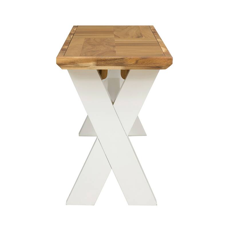 70 Inch Dining Bench, White X Leg Trestle Base, Acacia Wood, Brown Seat