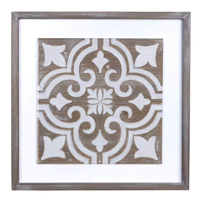 17" Brown White Farmhouse Geometric Carved Inlay Tile Wood Wall Design