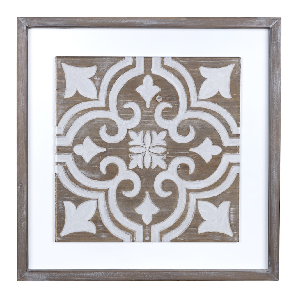 17" Brown White Farmhouse Geometric Carved Inlay Tile Wood Wall Design
