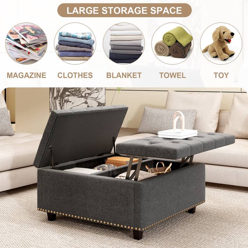 Cotton Square Chair with Storage,Ottoman with Storage,Double Door Storage Footstool,Coffee Table,Nailhead Trim