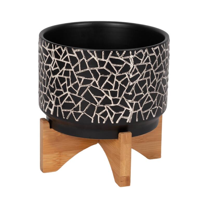 7" Crackled Planter with Wood Stand, Black 8"H - 7.0" x 7.0" x 8.0" - 7" x 7" x 8"