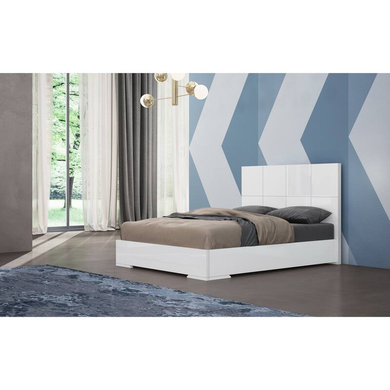 Queen Size Platform Bed - Modern Square Headboard, High Gloss White Finish - Adventure Bed