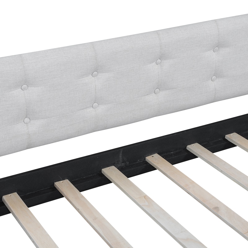 Bedroom Full Size Bed Frame, Upholstered Linen Daybed with Button Design Backrest Headboard and Pine Wood Slat Support