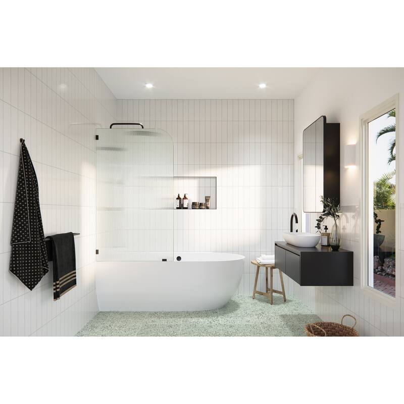 Aurora 58.25 in. x 30 in. Frameless Bath Shower Door - Single Fixed Panel Fluted Frosted Radius Left Hand