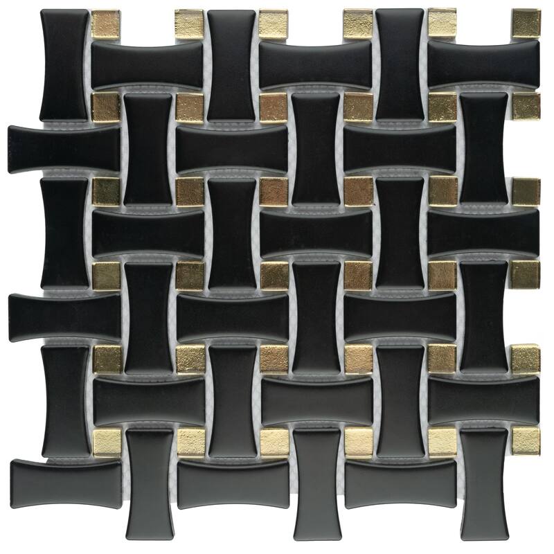 Merola Tile Metro Dog Bone Basketweave Matte Black with Glass Gold Dot 10" x 10" Porcelain Mosaic Wall Tile