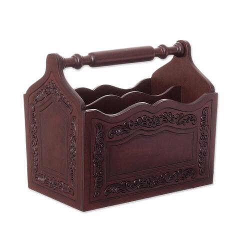 Handmade Colonial Reader Leather And Wood Magazine Holder (Peru) - 8.75" H x 9.75" W x 6.25" D