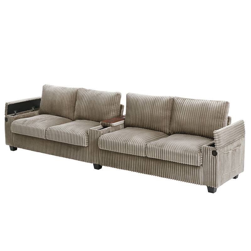 133" Corduroy 4-Seater Sofa with USB Ports, Flip-Top Cup Holders, and Hidden Storage