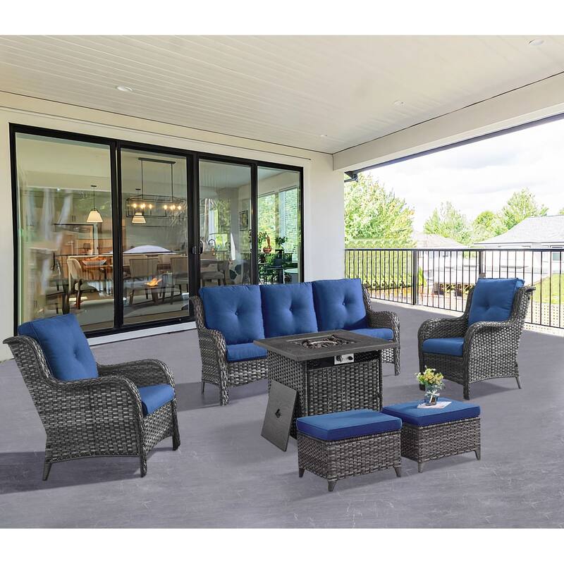 Gymojoy 6-Piece Outdoor Wicker Patio Furniture with Fire Pit Table, Rattan Coversation Set with Water Resistant Thick Cushions