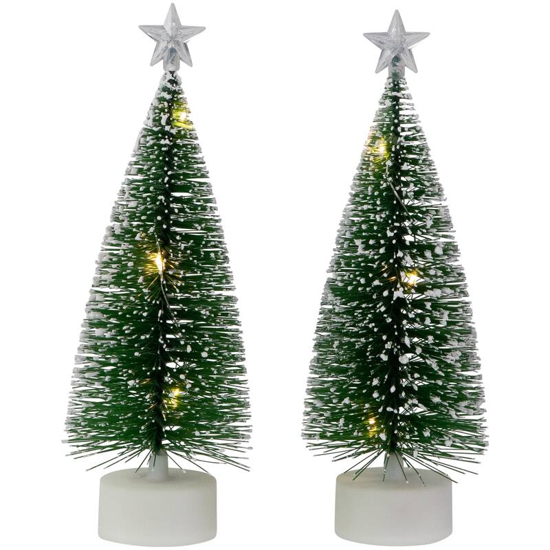 Set of 2 LED Green Mini Bottle Brush Pine Christmas Village Trees