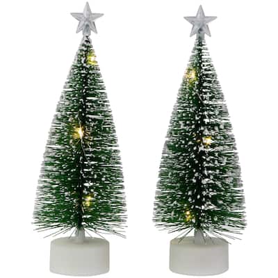 Set of 2 LED Pre-Lit Mini Bottle Brush Pine Christmas Village Trees - 7"