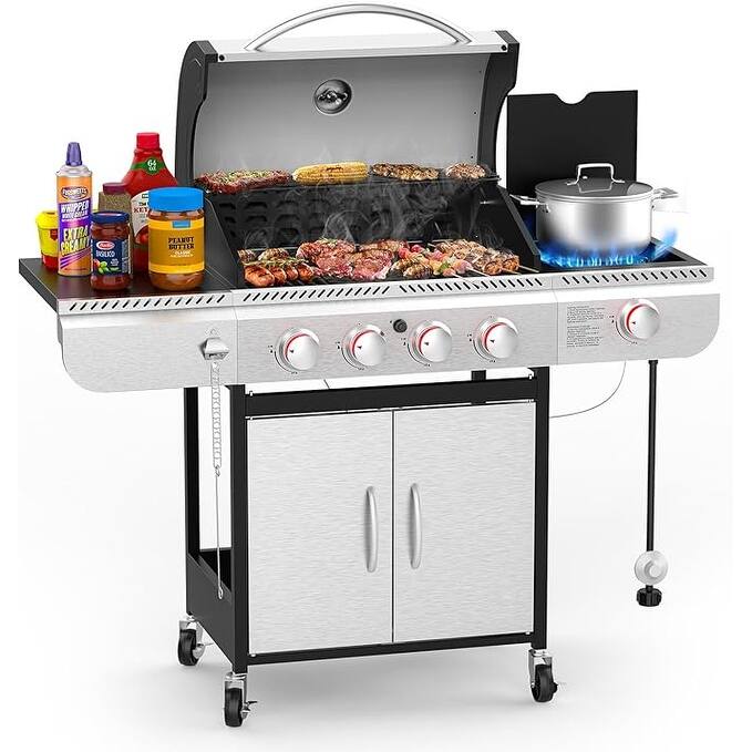 R.W.FLAME 4 Burners Propane Gas Grill, 42000 BTU BBQ Grills for Outdoor Cooking, with Porcelain Enameled Cast Iron Grates