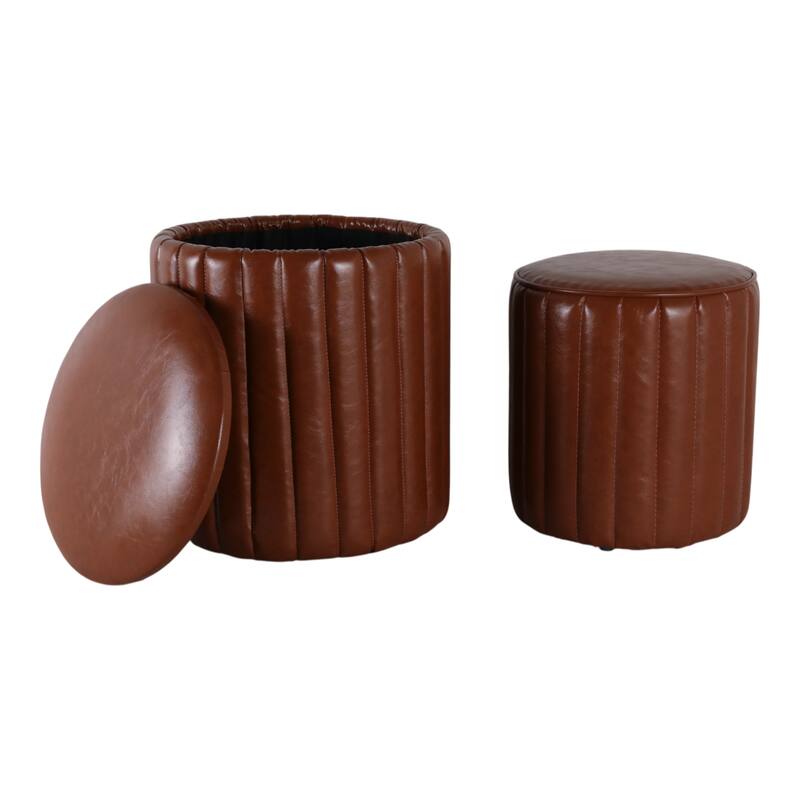 Leather and Pine Wood Ottoman Modern Storage (Set of 2) - 14/18" Brown