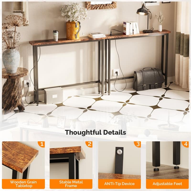 VINGLI Rust Brown 2-piece Set Melamine + Iron Hallway Table with Power Strip