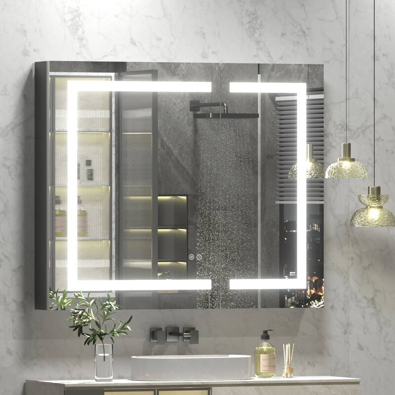 KIOTEE LED Lighted Recessed or Surface Mount Medicine Cabinet Mirror with Dimmable Light and Socket - 36x30 - Black