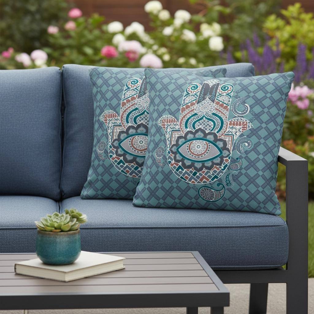 HomeRoots Set of Two 16" X 16" Blue and White Blown Seam Hamsa Indoor Outdoor Throw Pillow - 16.00' X '16.00' X '5.00