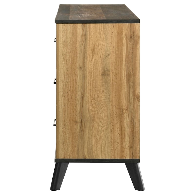 Wemy Wide Dresser w 6 Drawers, Metal Legs, Weathered Brown Pine Wood