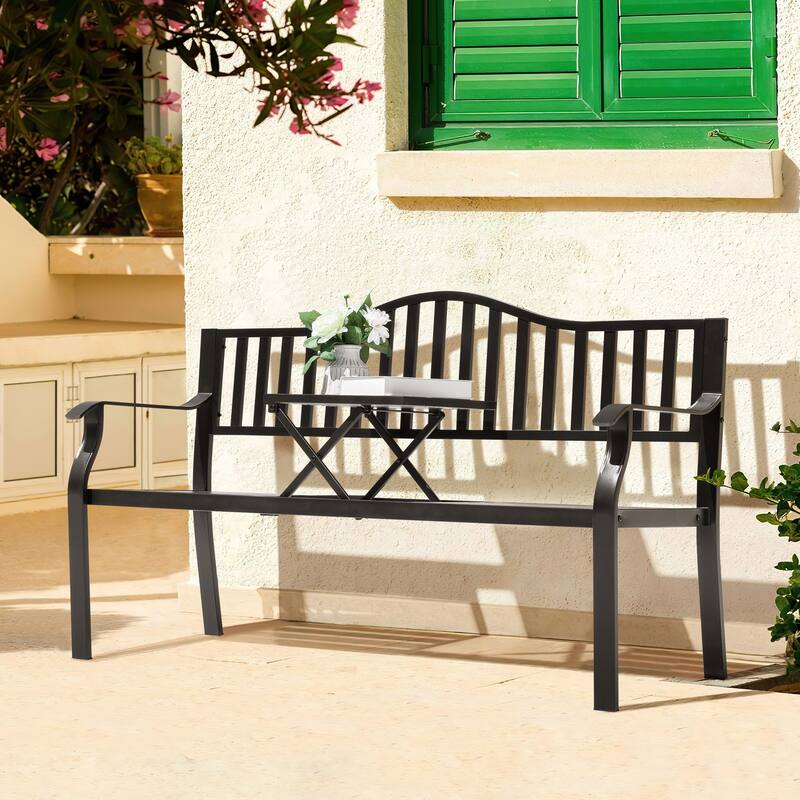 E-Coated Metal Frame Outdoor Bench with Backrest and a Built-In Small Table, Black