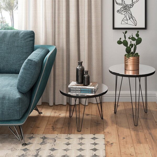 Meera 18 inch Round Mirror Top End Table with Hairpin Iron Legs