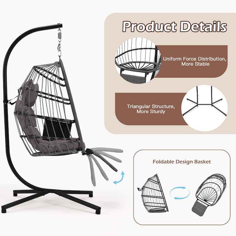 EROMMY Hanging Egg Chair with Stand, Foldable Indoor/Outdoor Swing Chair includes Cushion and Pillow, Patio Wicker Swing
