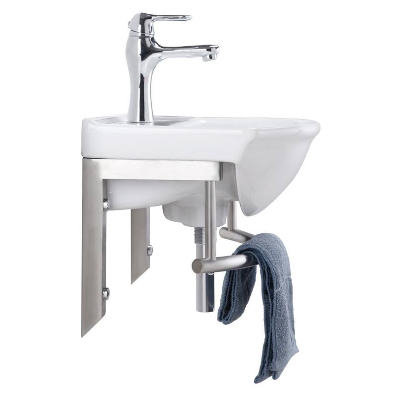 White Porcelain Wall Mounted Bathroom Sink with Faucet, Drain, Towel Bar and Overflow