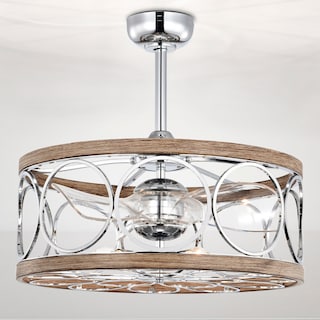 Ofelia 24-inch Chrome and Faux Wood 6 Lights 3 Blades Lighted Ceiling Fan with Remote