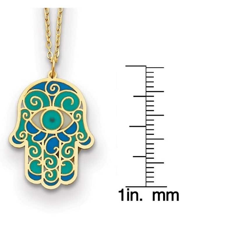 Curata 14k Yellow Gold 18" Italian Blue Green Enamel Evil Eye Hamsa Necklace - 18mm