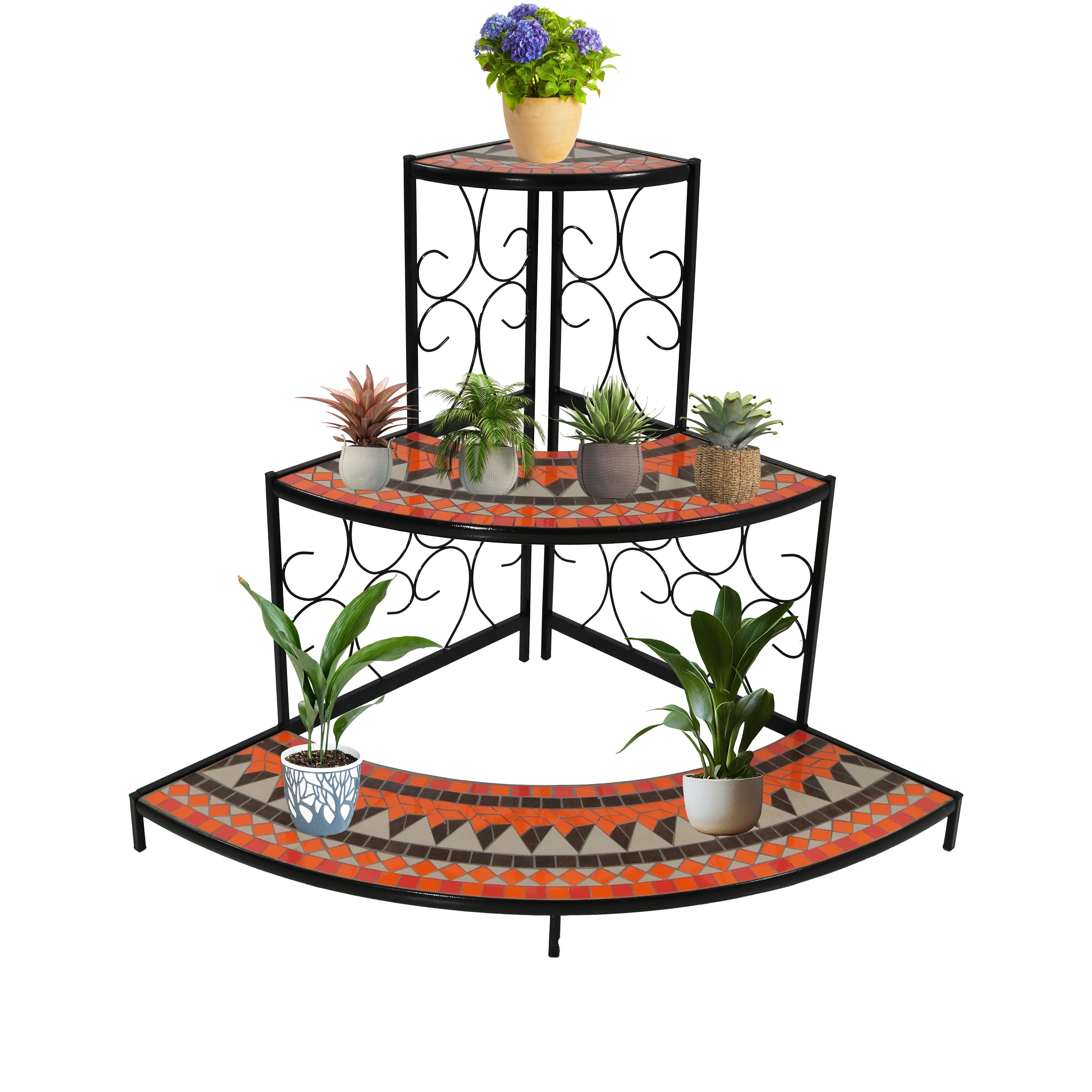Vipush 3-Tier Foldable Plant Stand With Mosaic Ceramic Top - Indoor/Outdoor Shelf