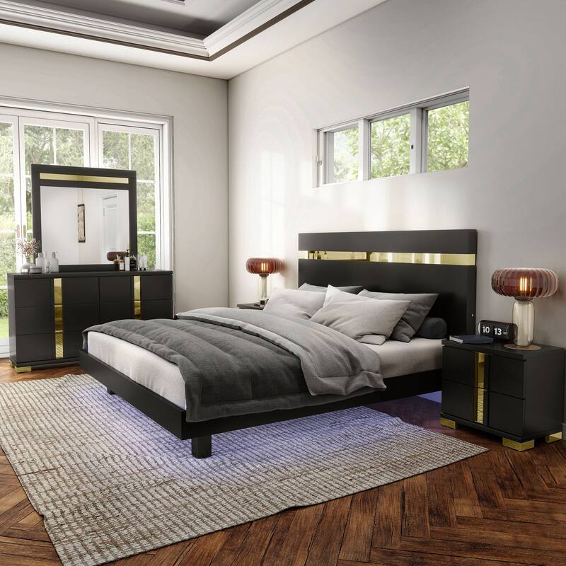 Furniture of America Halifax Modern 5-Piece Wood Platform Bedroom Set with Underbed LED - Black - Queen
