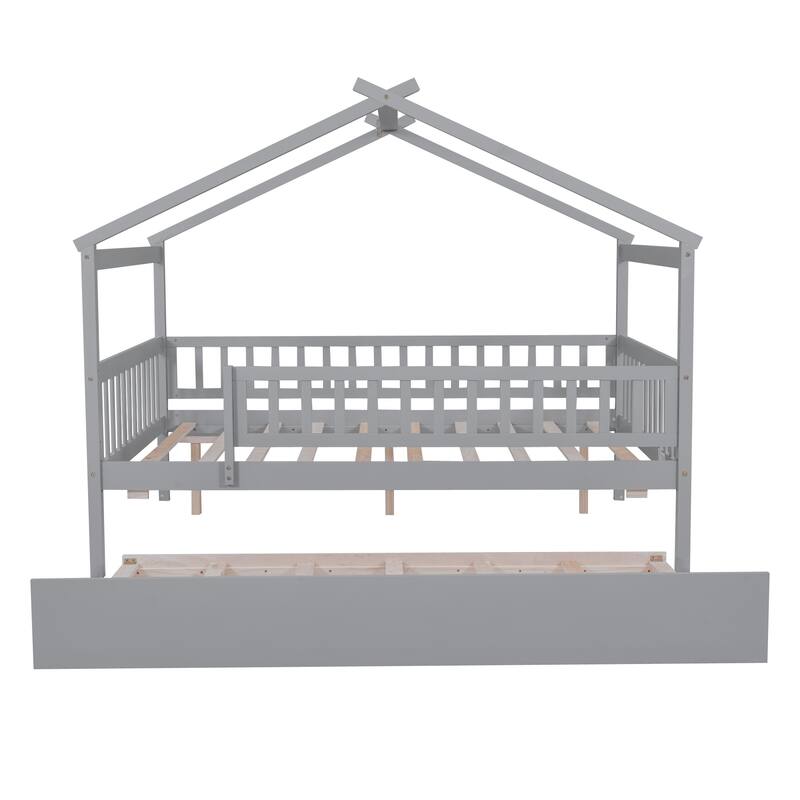 Full Size Wooden House Bed with Twin Trundle, Gray Finish