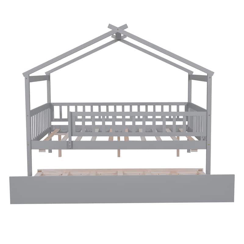 Montessori Bed House Bed with Trundle Bed and Headboard, Wood Daybed Platform Bed Frame No Box Spring Needed for Boys Girls