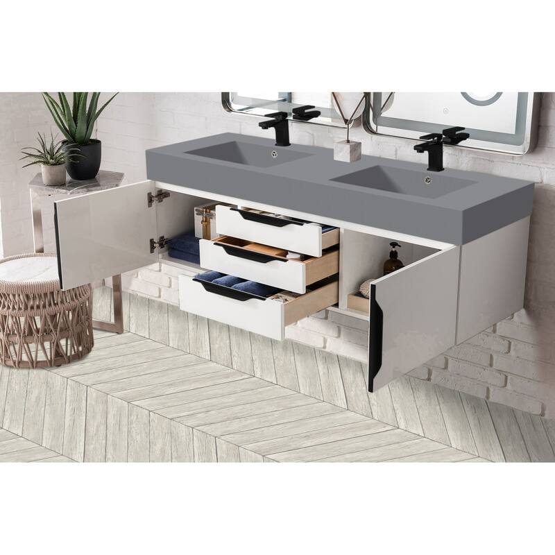 James Martin Vanities Mercer Island 59" Double Vanity, Glossy White with Matte Black Hardware