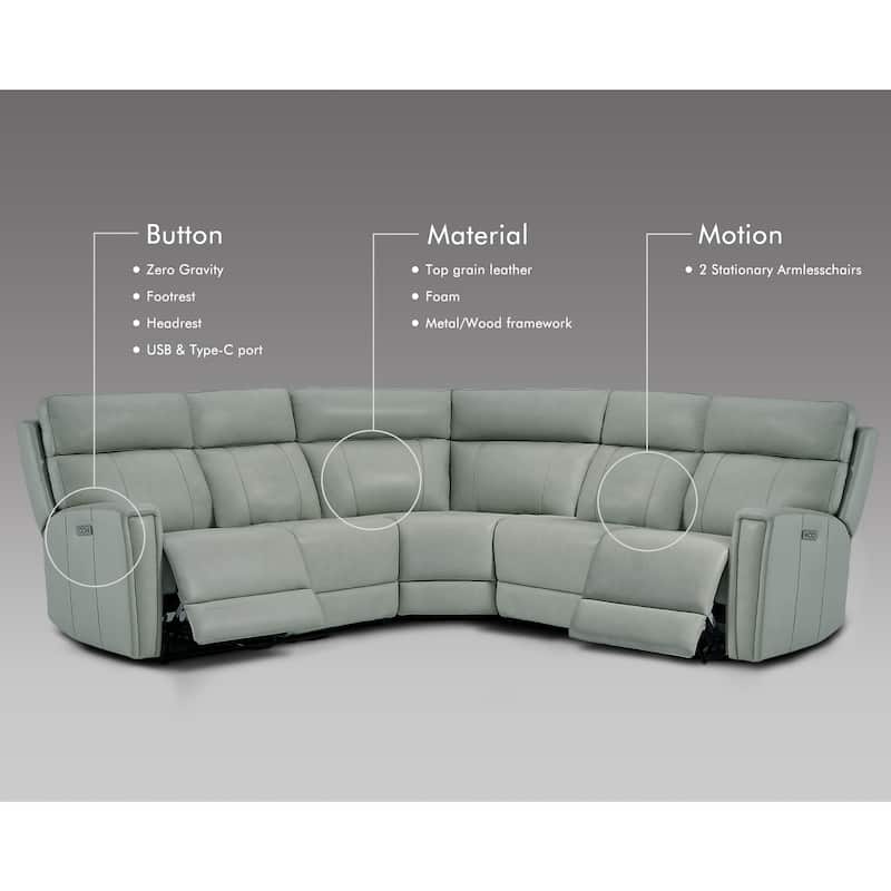 104" W 3-Color Genuine Leather Power Reclining sectional sofa With Zero Gravity, USB&USB-C Ports, 2 Stationary Armlesschairs