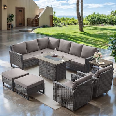 Wicker Sofa Glider Chair Set with Fire Pit Table- Grey cushion - Brown