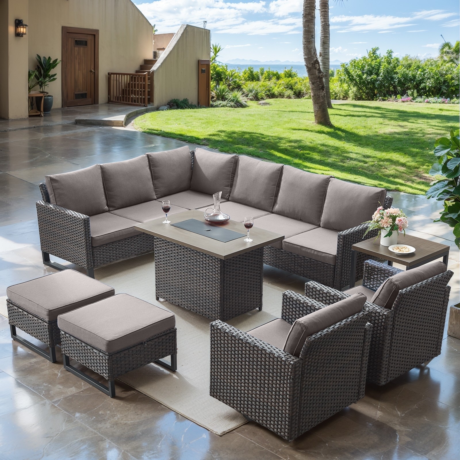 Wicker Sofa Glider Chair Set with Fire Pit Table- Grey cushion - Brown