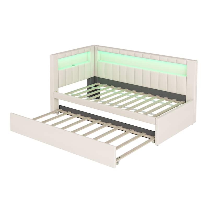 Twin Size Upholstered Platform Bed with USB Ports, LED Lighting, and Trundle, White