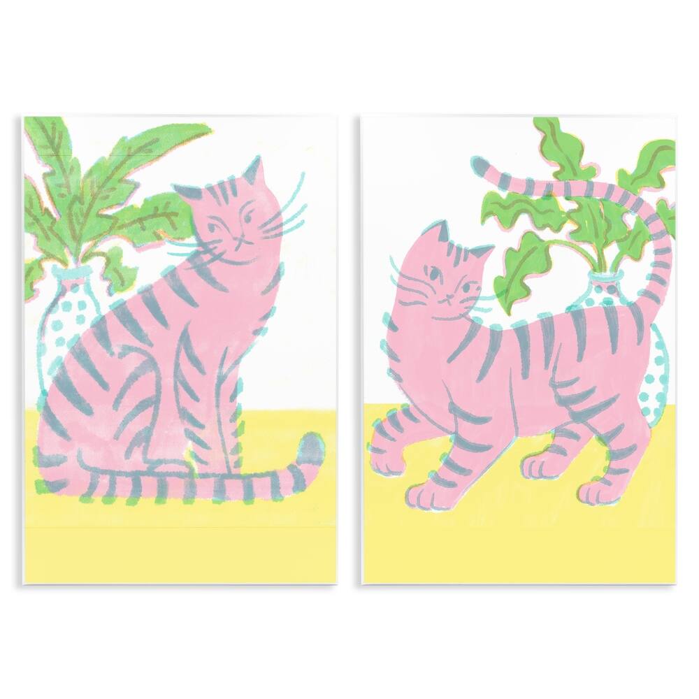 Stupell Pastel Pink Cats & Plants Wall Plaque Art Design By Hannah Moren (Set of 2)