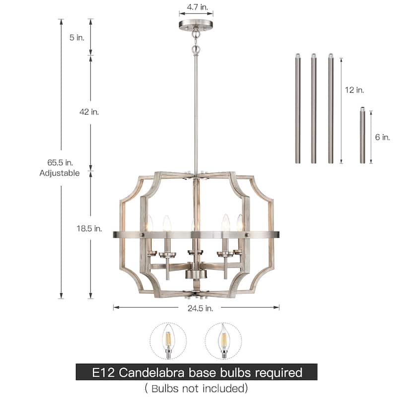Richwood 5-Light Brushed Nickel/White-Washed Wood Tone Modern Farmhouse Chandelier - 65.5'' H Max