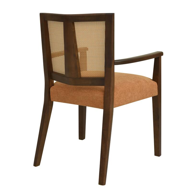Set of 2 Modern Wooden Arm Dining Chairs with Rattan Backrest, Upholstered Fabric Seat, Rubberwood Frame
