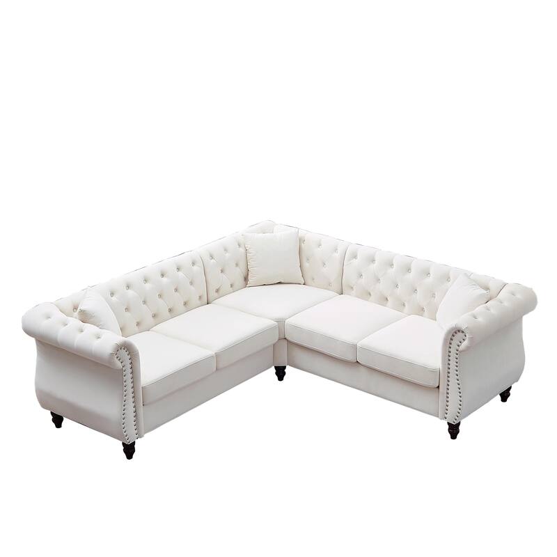 L-shape Corner Sectional Sofa with Button Tufted Back and 3 Pillows