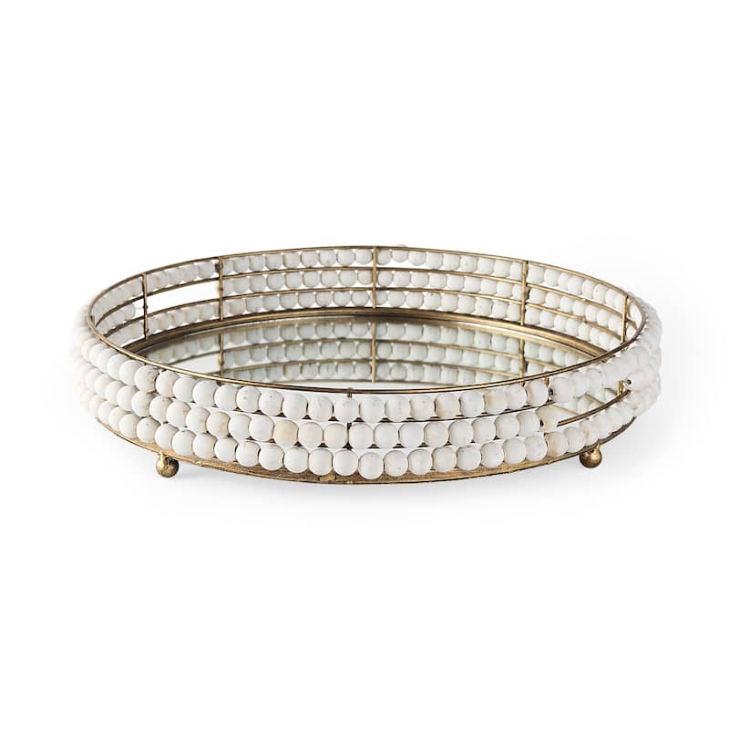 Decatur I White Wooden Beads w/ Mirrored Base Round Tray - 21.3L x 21.3W x 3.9H - White