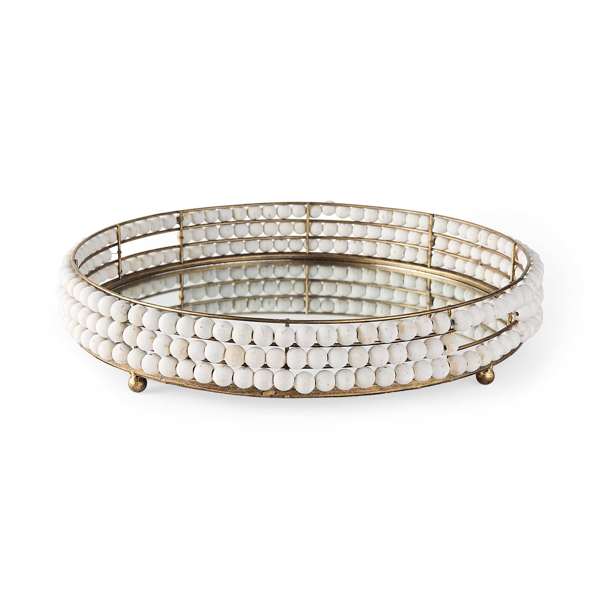 Mercana Decatur I White Wooden Beads w/ Mirrored Base Round Tray