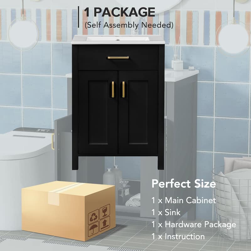 Bathroom Vanity Compact Freestanding Adjustable Cabinet with Door Storage Racks, Flip Down Drawer and Golden Handles