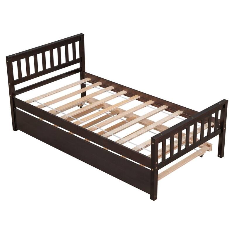 Platform Bed Frame with Headboard and Footboard，Twin Size Bed with Trundle