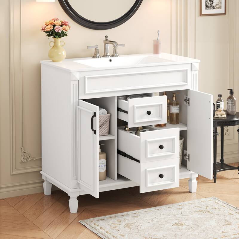 GDFStudio - Carrinford Modern Freestanding Bathroom Vanity with Ceramic Sink and 2 Soft Closing Doors & 2 Drawers - White