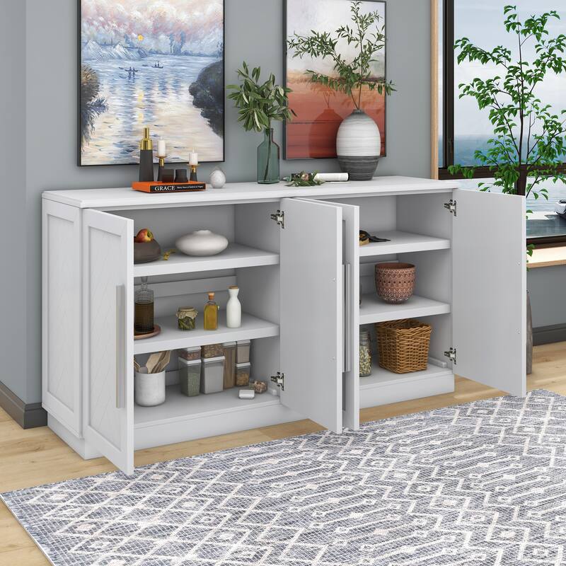 Sideboard with 4 Doors Large Storage Space Buffet Cabinet with Adjustable Shelves and Silver Handles for Kitchen, Dining Room
