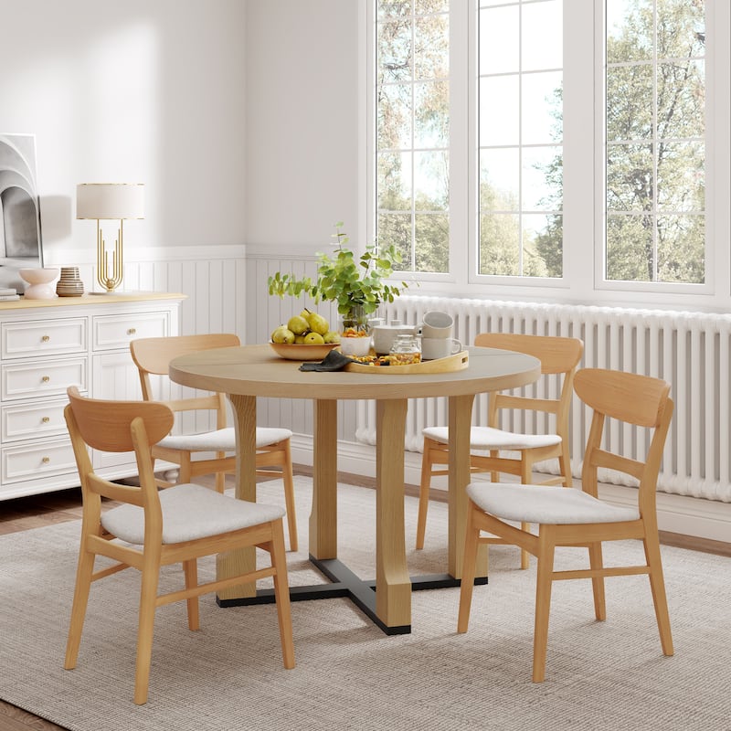 Christopher Knight Home - Modern Wooden 5-Piece Dining Set with Upholstered Chairs - Beige+Natural
