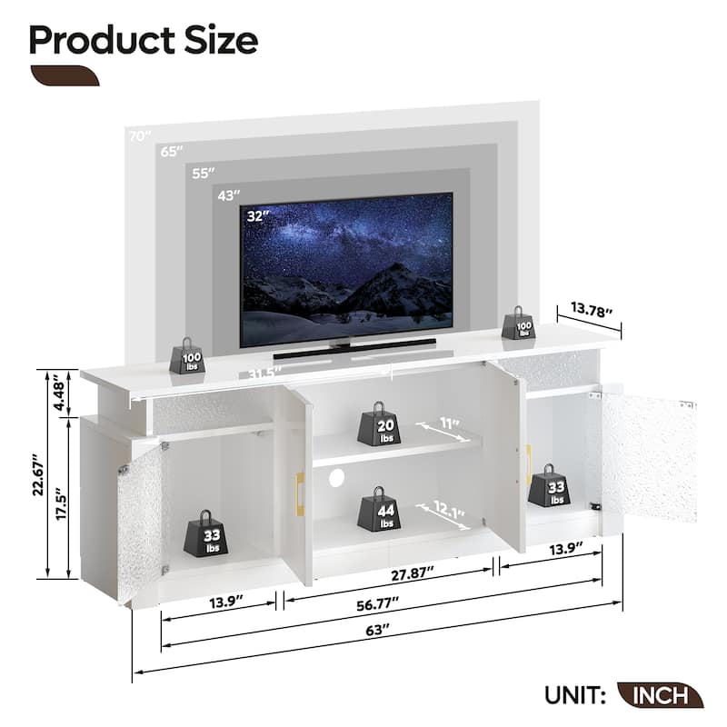 Bestier 63 in. Glossy Stone Grain TV Stand Fits TV Up to 32 to 70 in. Entertainment Center with Cabinet LED Light